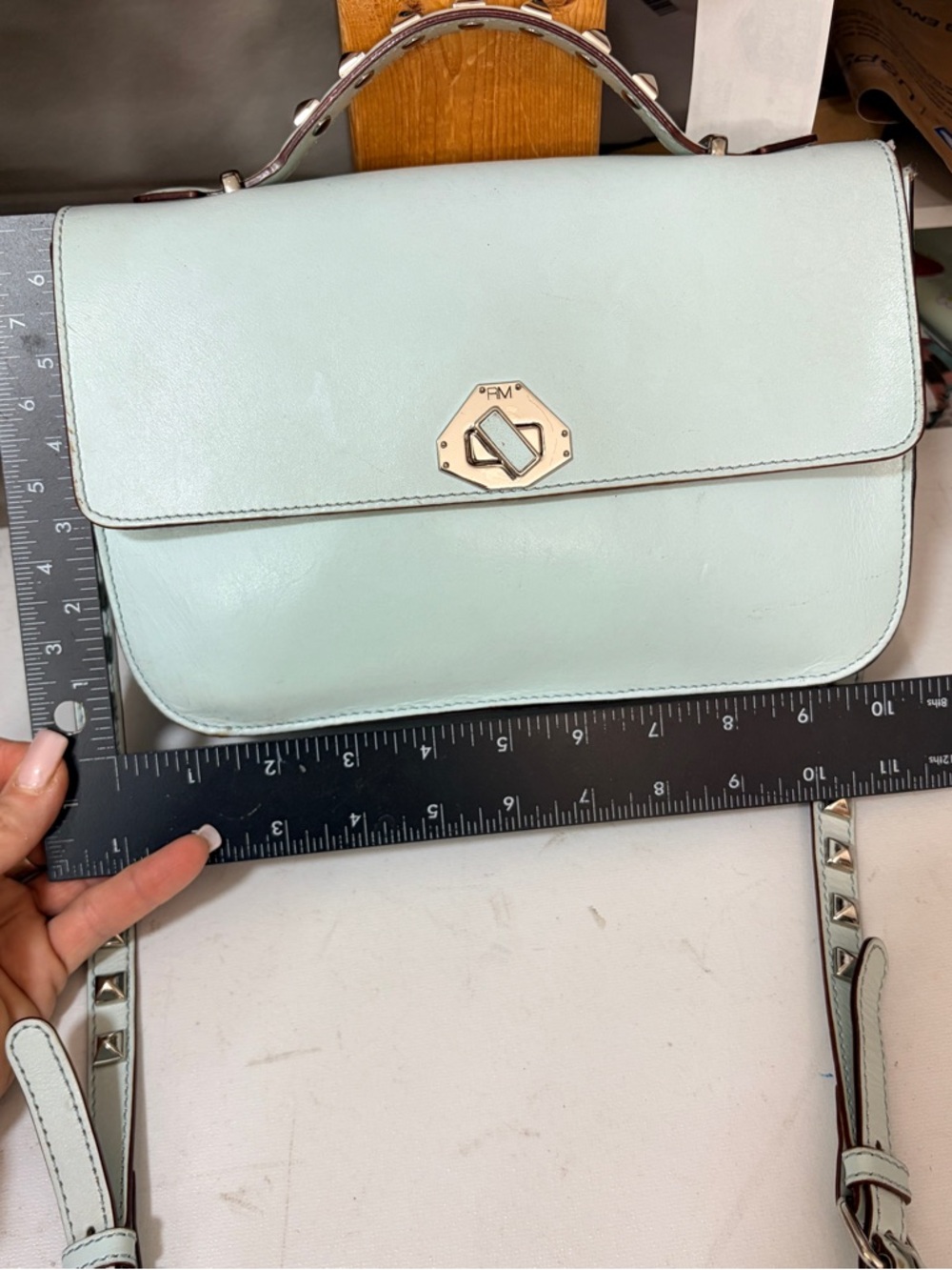 Rebecca Minkoff Pale Mint Leather Crossbody Bag with Studded Strap Top Handle - Picture 13 of 13